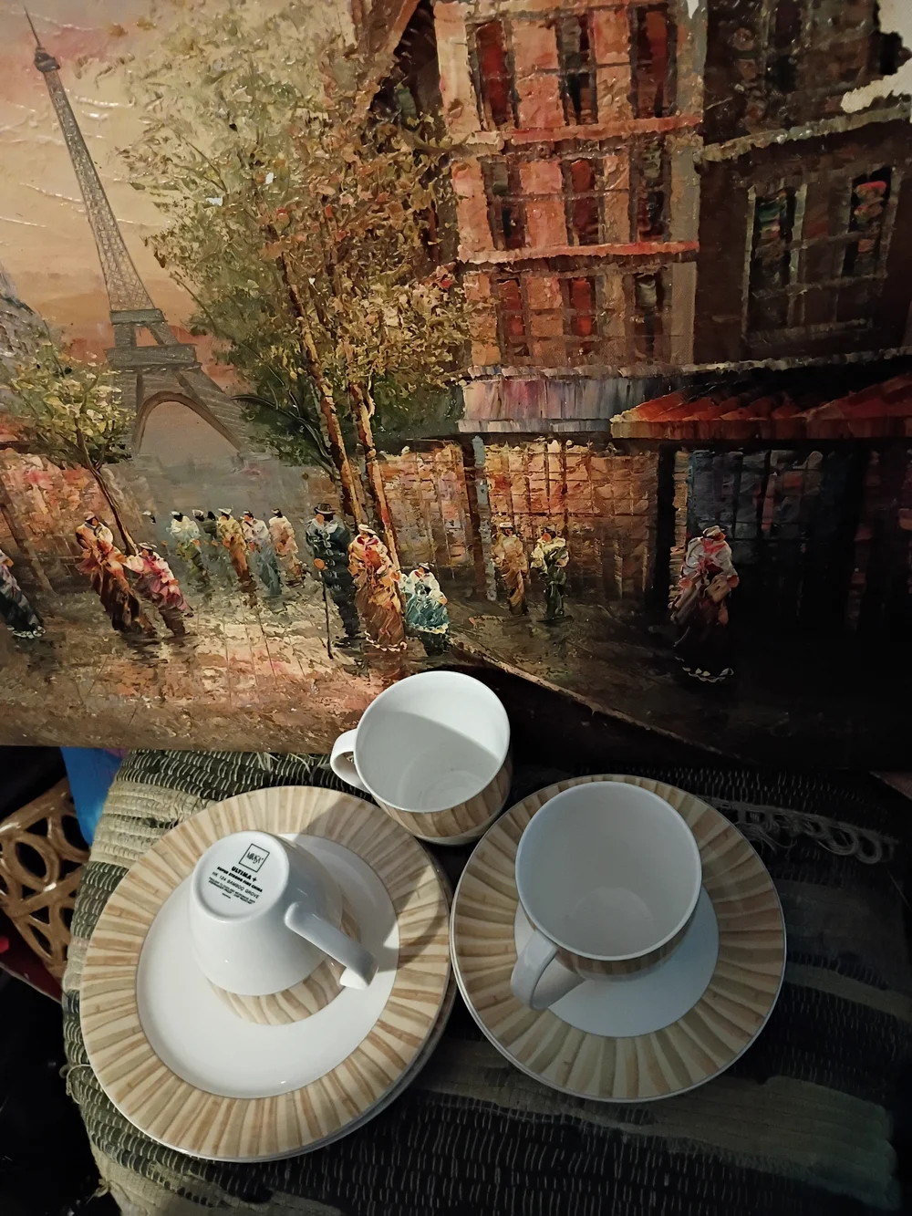 -Bamboo Grove Neutral Tan Striped Tea Cups and Saucer Sets 9 items.